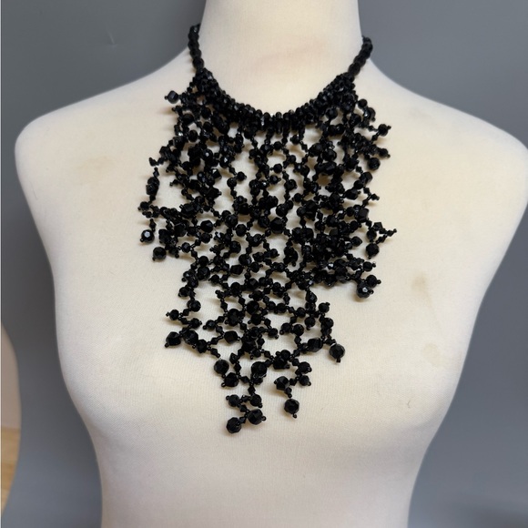 Anthropologie Jewelry - Black crystals Beaded Fringe Statement Necklace